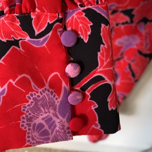 WHO WHAT WEAR purple red black floral ruffle hem dress SZ XS covered buttons - Picture 6 of 14